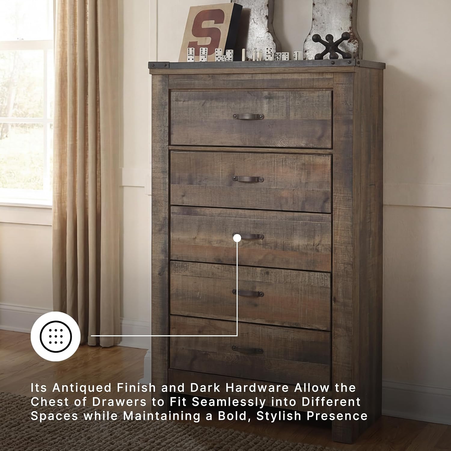 Signature Design by Ashley Trinell Rustic 5 Drawer Chest of Drawers with Nailhead Trim, Warm Brown