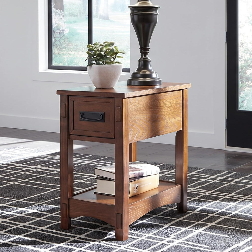 Signature Design by Ashley Breegin End Table With Drawer and Shelf, Mission-Style, Veneers and Wood Construction for Living Rooms and Bedrooms, 13' x 22'