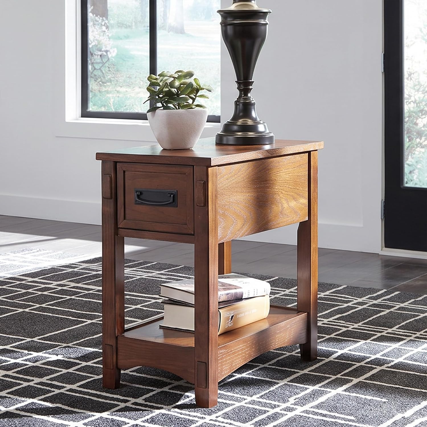 Signature Design by Ashley Breegin End Table With Drawer and Shelf, Mission-Style, Veneers and Wood Construction for Living Rooms and Bedrooms, 13' x 22'