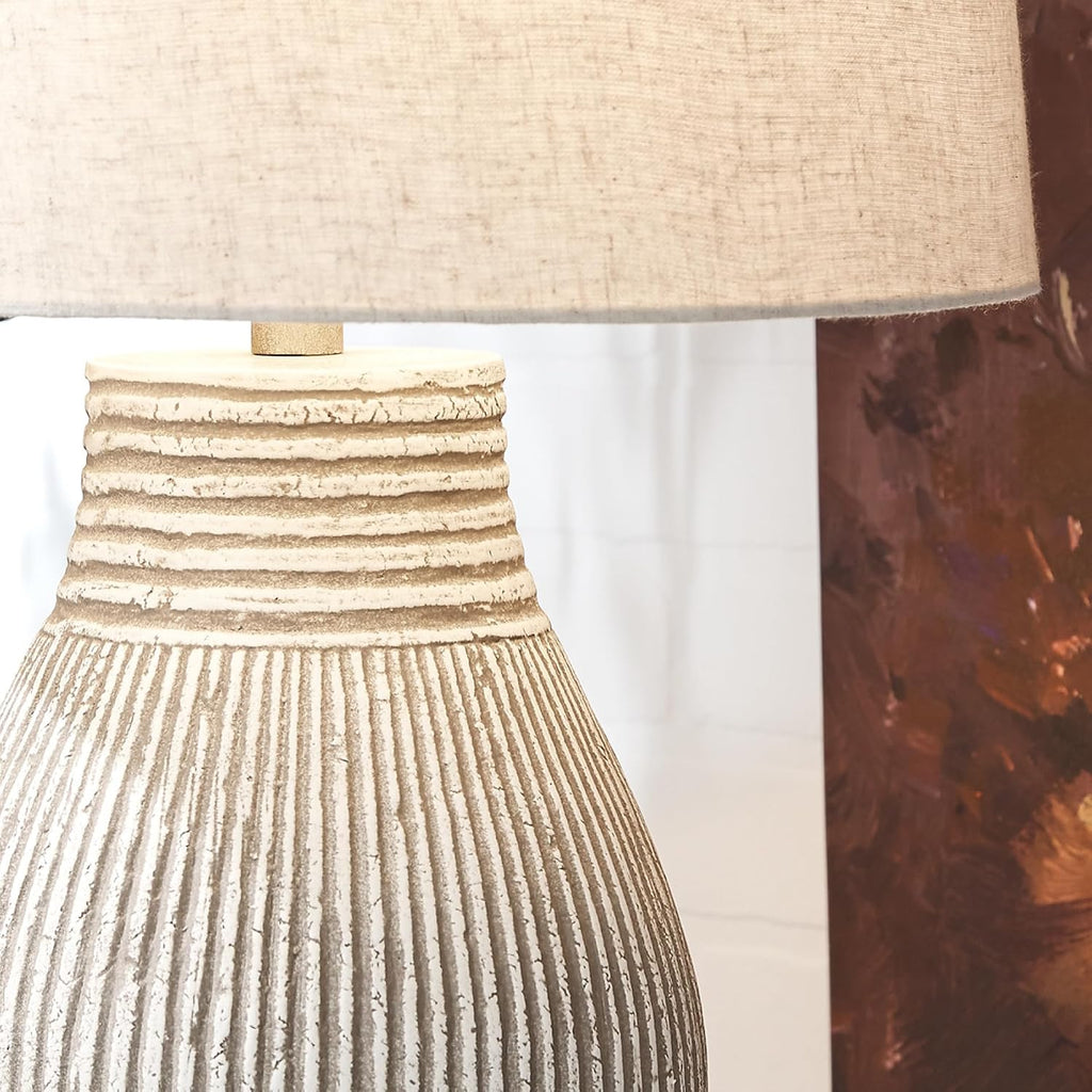 Signature Design by Ashley Layal Modern Table Lamp, Textured Paper Composite Base, Modified Drum Shade, 3-Way Switch Lighting for Living Room or Bedroom, 16 Inch Diameter, Beige