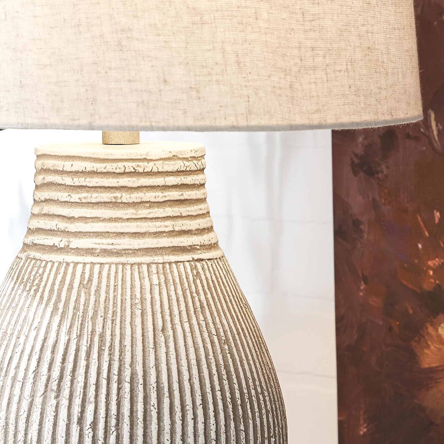 Signature Design by Ashley Layal Modern Table Lamp, Textured Paper Composite Base, Modified Drum Shade, 3-Way Switch Lighting for Living Room or Bedroom, 16 Inch Diameter, Beige