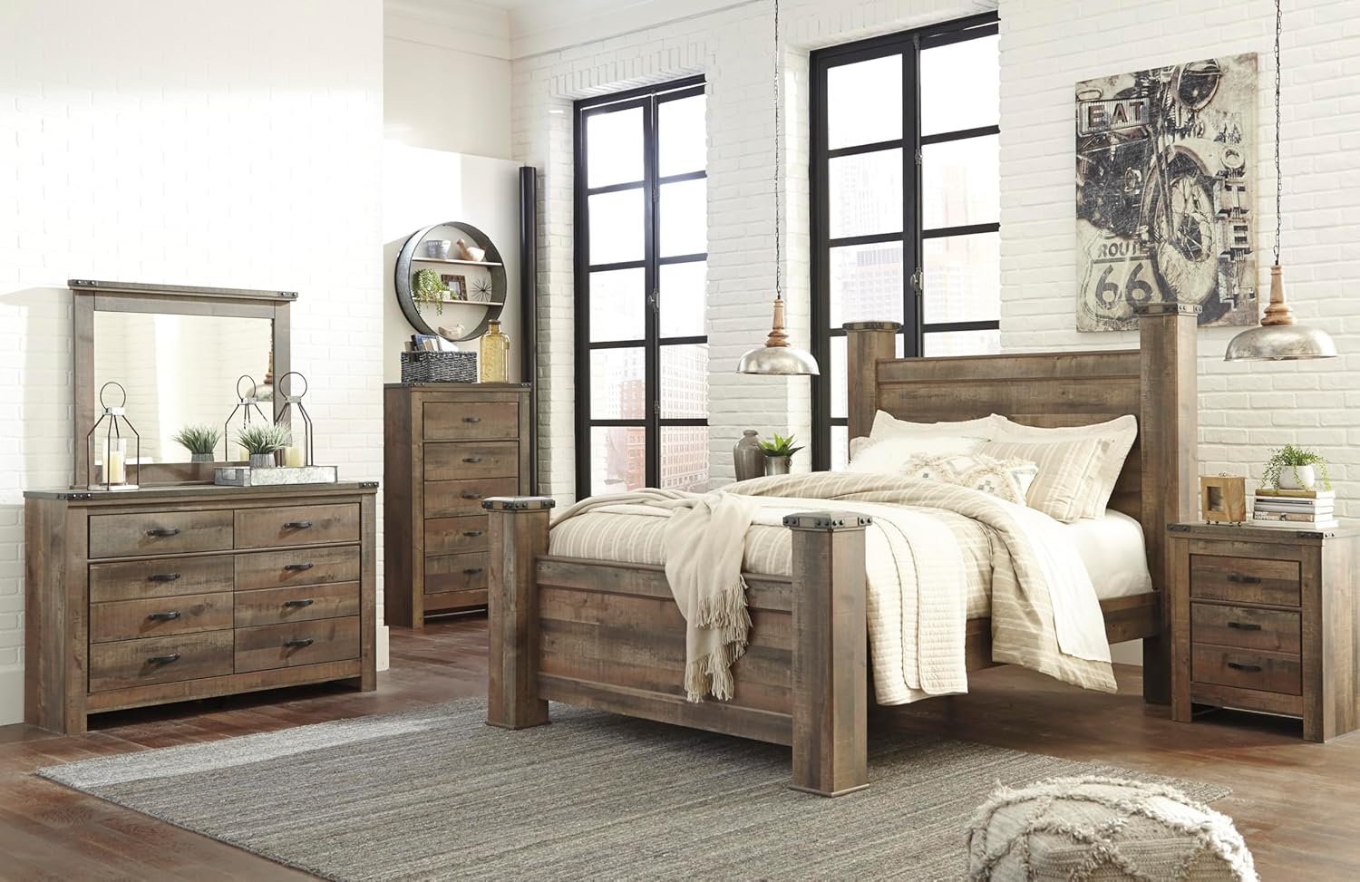Signature Design by Ashley Trinell Rustic 5 Drawer Chest of Drawers with Nailhead Trim, Warm Brown