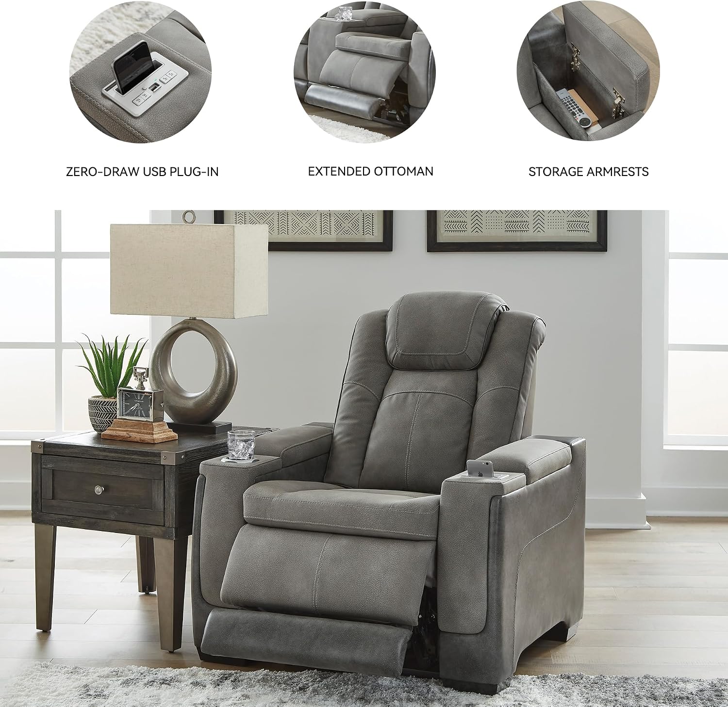 Signature Design by Ashley Next-Gen DuraPella Power Recliner with Adjustable Headrest, Storage Armrests, Wireless & USB Charging, Faux Leather, 2-Tone Gray