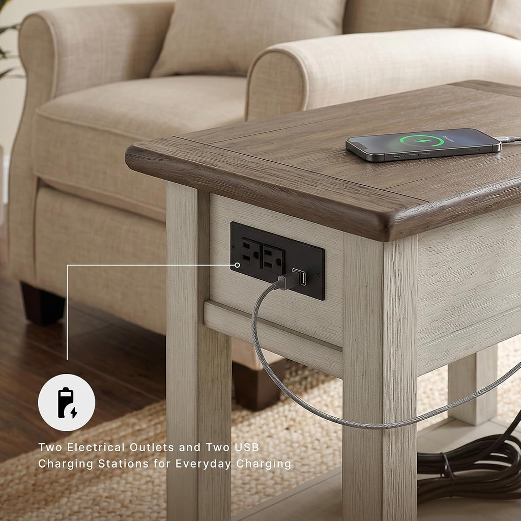 Signature Design by Ashley Bolanburg Chairside End Table With Charging Station, Two-Tone Wood Accent Table With Drawer Storage, Plank Top Design for Living Room or Bedroom, Antique White