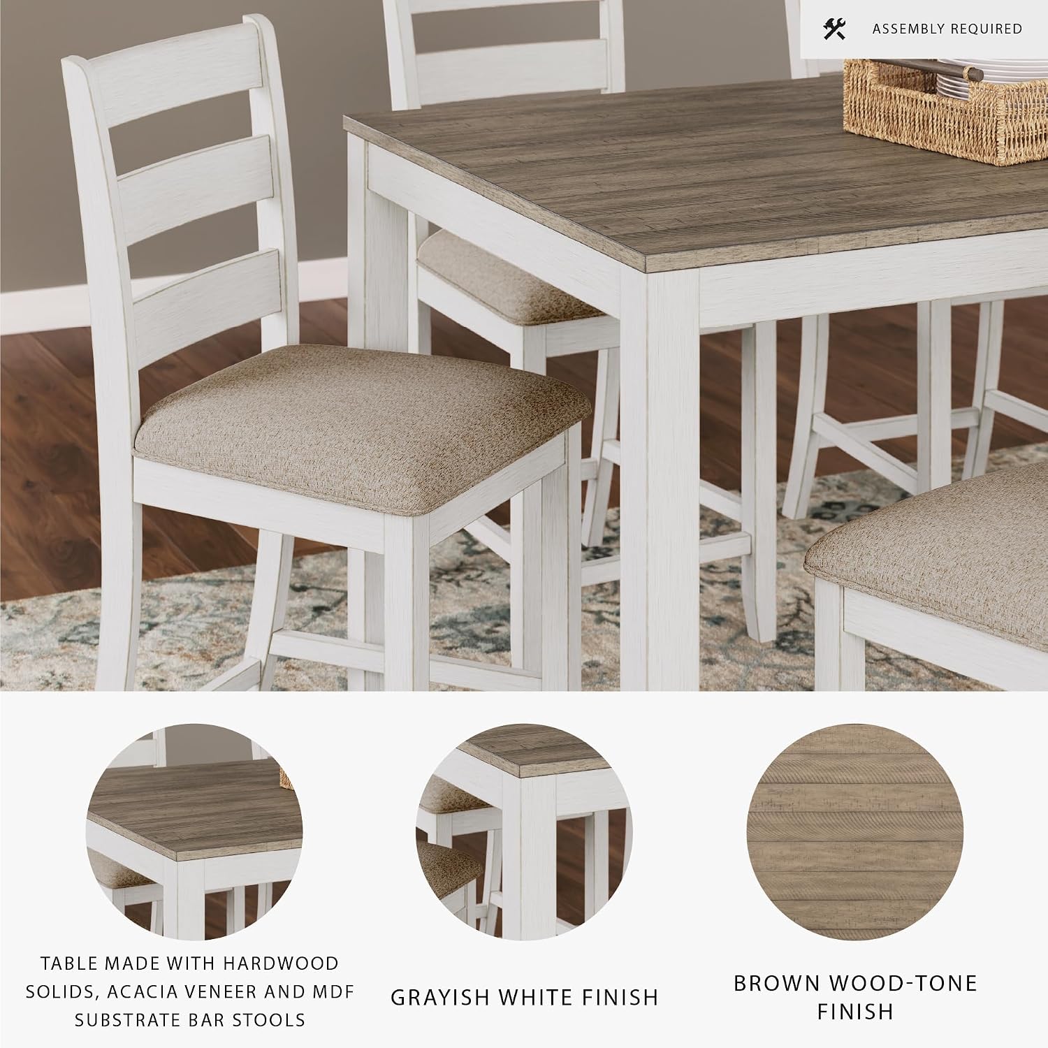 Signature Design by Ashley Skempton 7-Piece Counter Height Dining Table Set for 6, Solid Wood Frames and Acacia Veneer, Cushioned Bar Stools, White and Light Brown