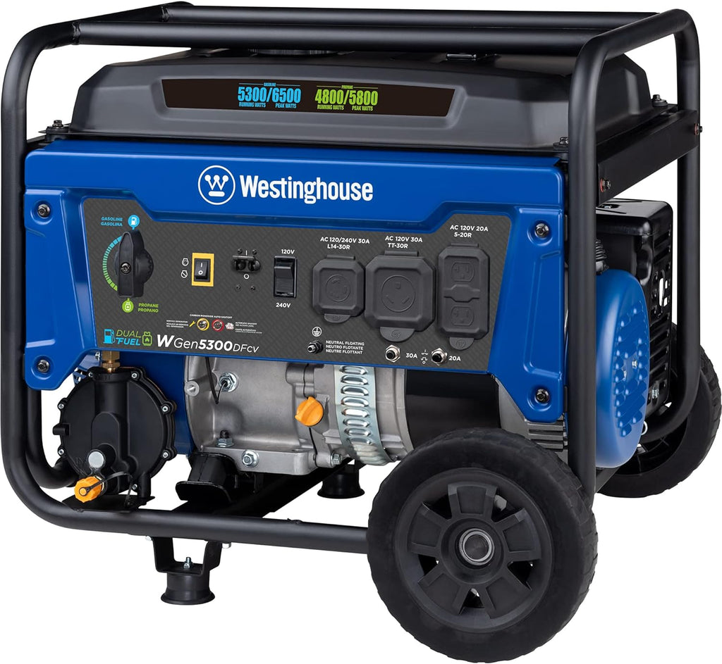 Westinghouse 6500 Watt Dual Fuel Home Backup Portable Generator, Transfer Switch Ready 30A Outlet, RV Ready 30A Outlet, CO Sensor