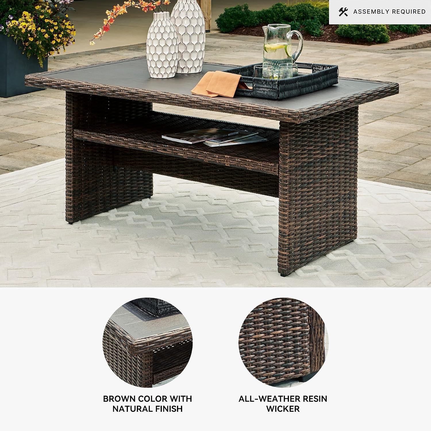 Signature Design by Ashley Brook Ranch Casual Outdoor Multi-use Table with 1 Fixed Shelf, Dark Brown & Gray