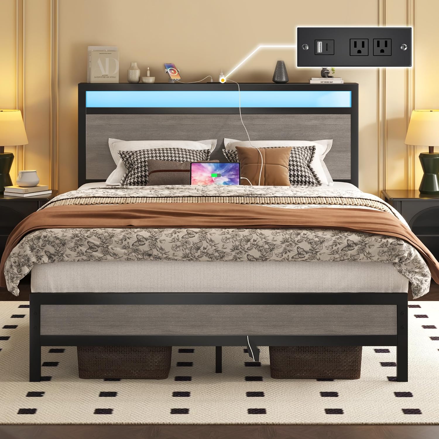 Fluest Queen Bed Frame with Headboard & Footboard, Bed Frame with Built-in Charging Station & LED Light, Storage Shelf, Noise-Free, No Box Spring Needed, Easy Assembly, Classic Black