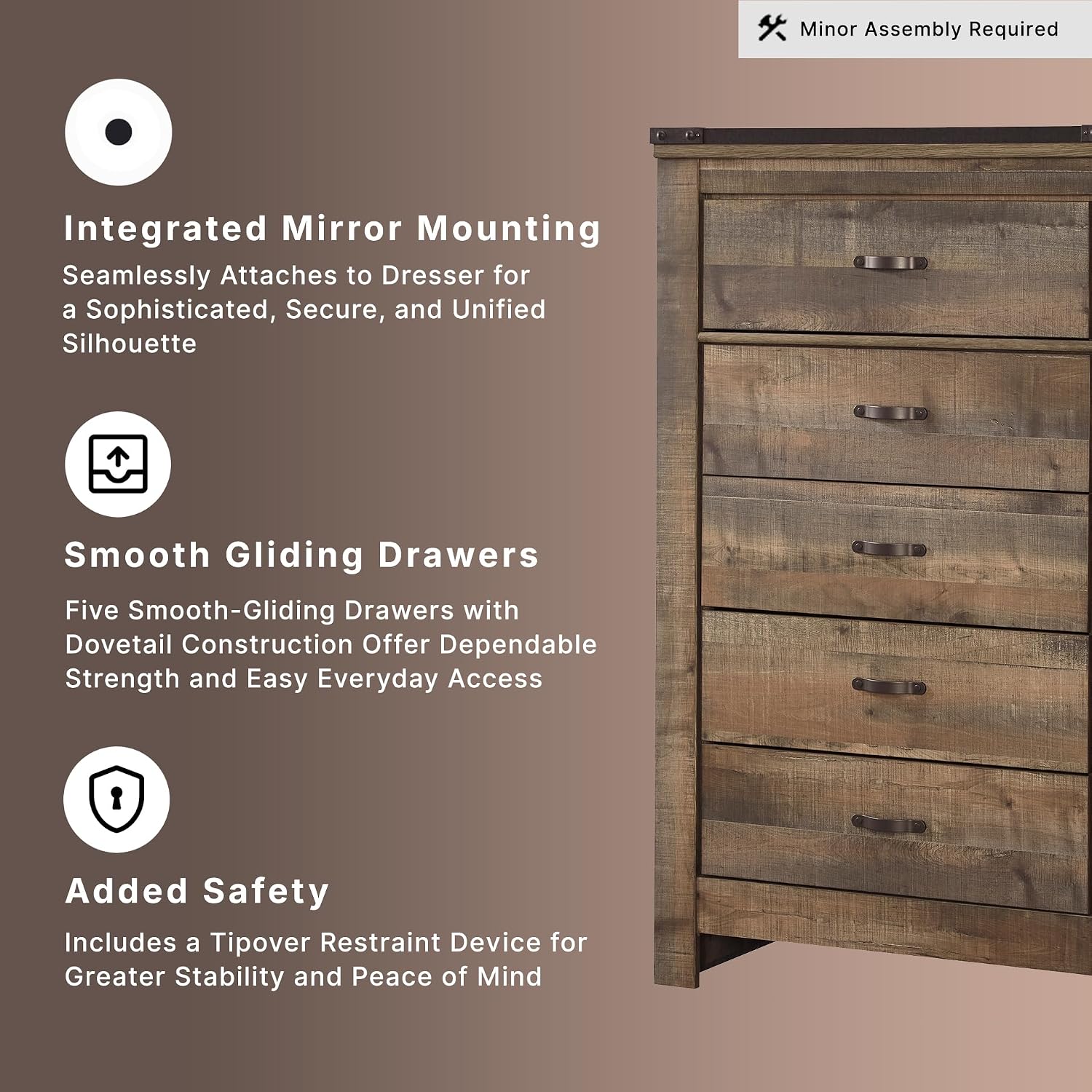 Signature Design by Ashley Trinell Rustic 5 Drawer Chest of Drawers with Nailhead Trim, Warm Brown