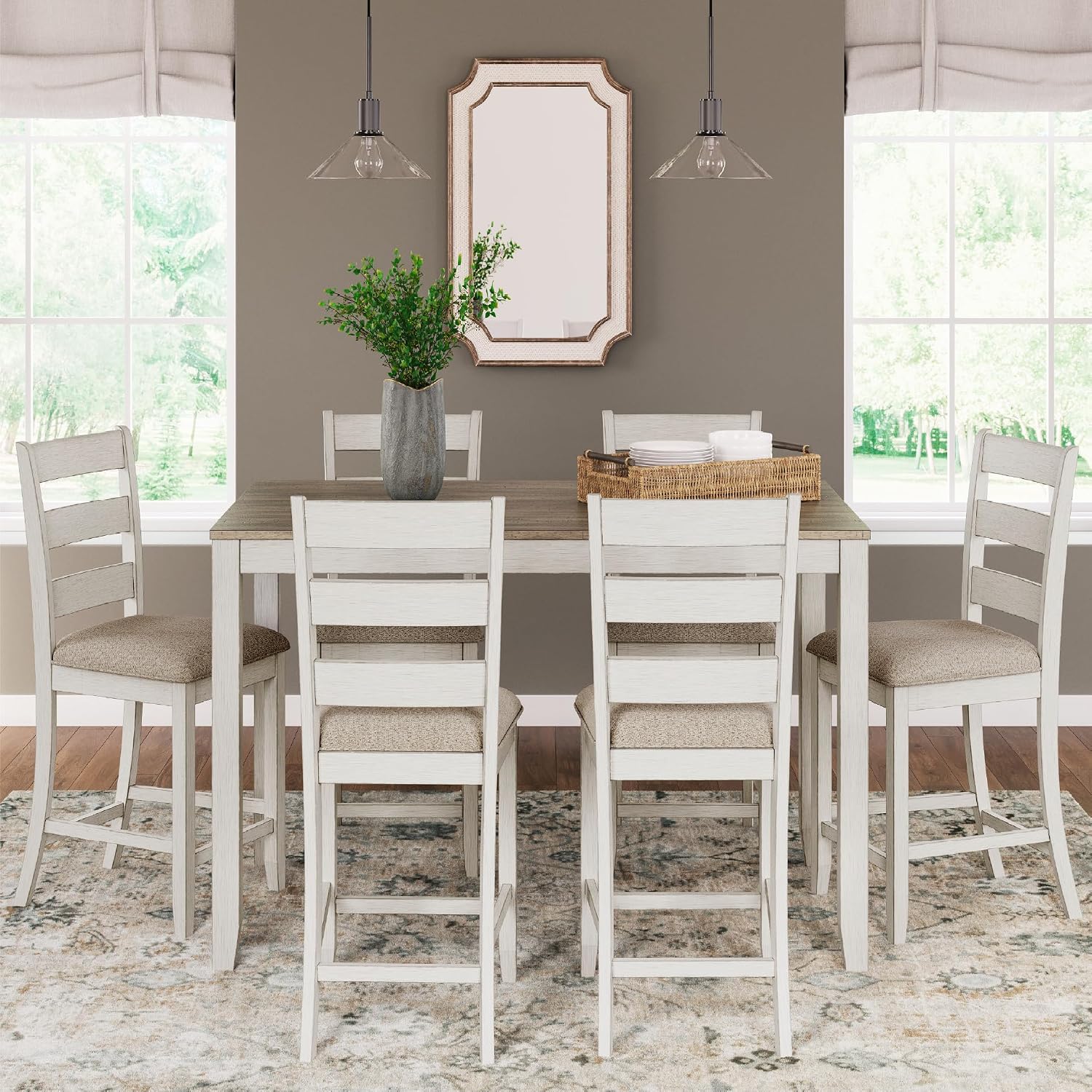 Signature Design by Ashley Skempton 7-Piece Counter Height Dining Table Set for 6, Solid Wood Frames and Acacia Veneer, Cushioned Bar Stools, White and Light Brown