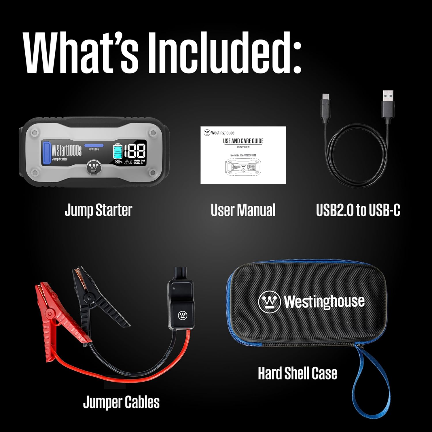 Westinghouse 1500A Portable Jump Starter & USB Power Bank - 12V Car Battery Booster Pack Jump Box for Up to 6.0L Gas & 3.0L Diesel Engines, Bright LED Flashlight, IP65 Rated Waterproof Housing