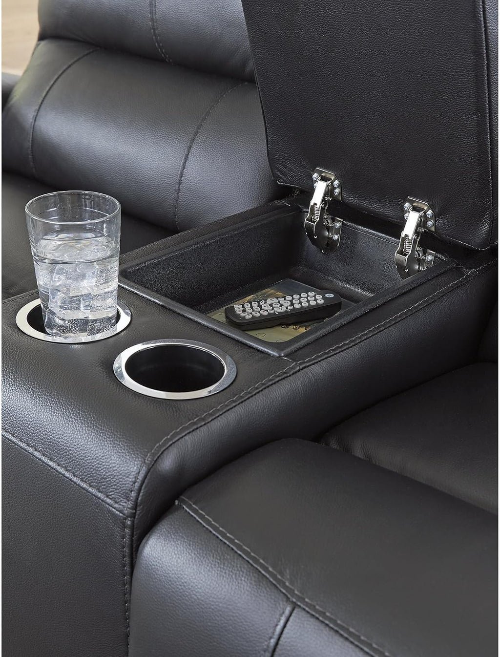 Signature Design by Ashley Glassmere Contemporary Leather Match Reclining Loveseat with Console, 2 Cup Holders and Storage, Black