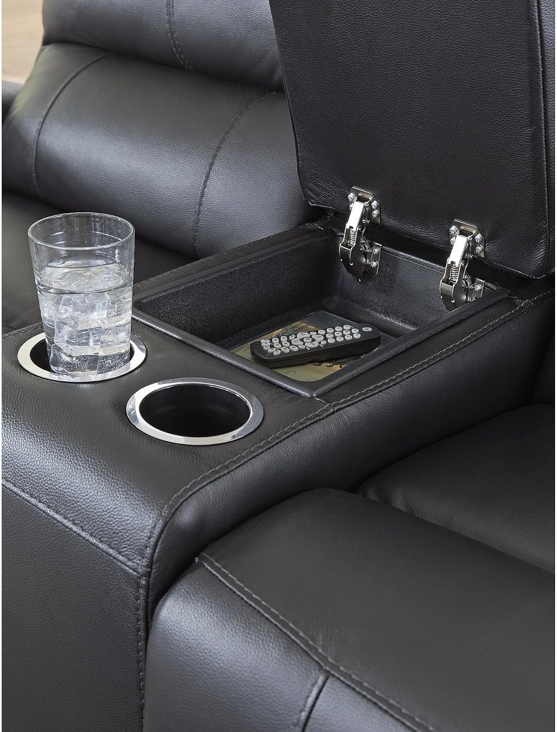 Signature Design by Ashley Glassmere Contemporary Leather Match Reclining Loveseat with Console, 2 Cup Holders and Storage, Black