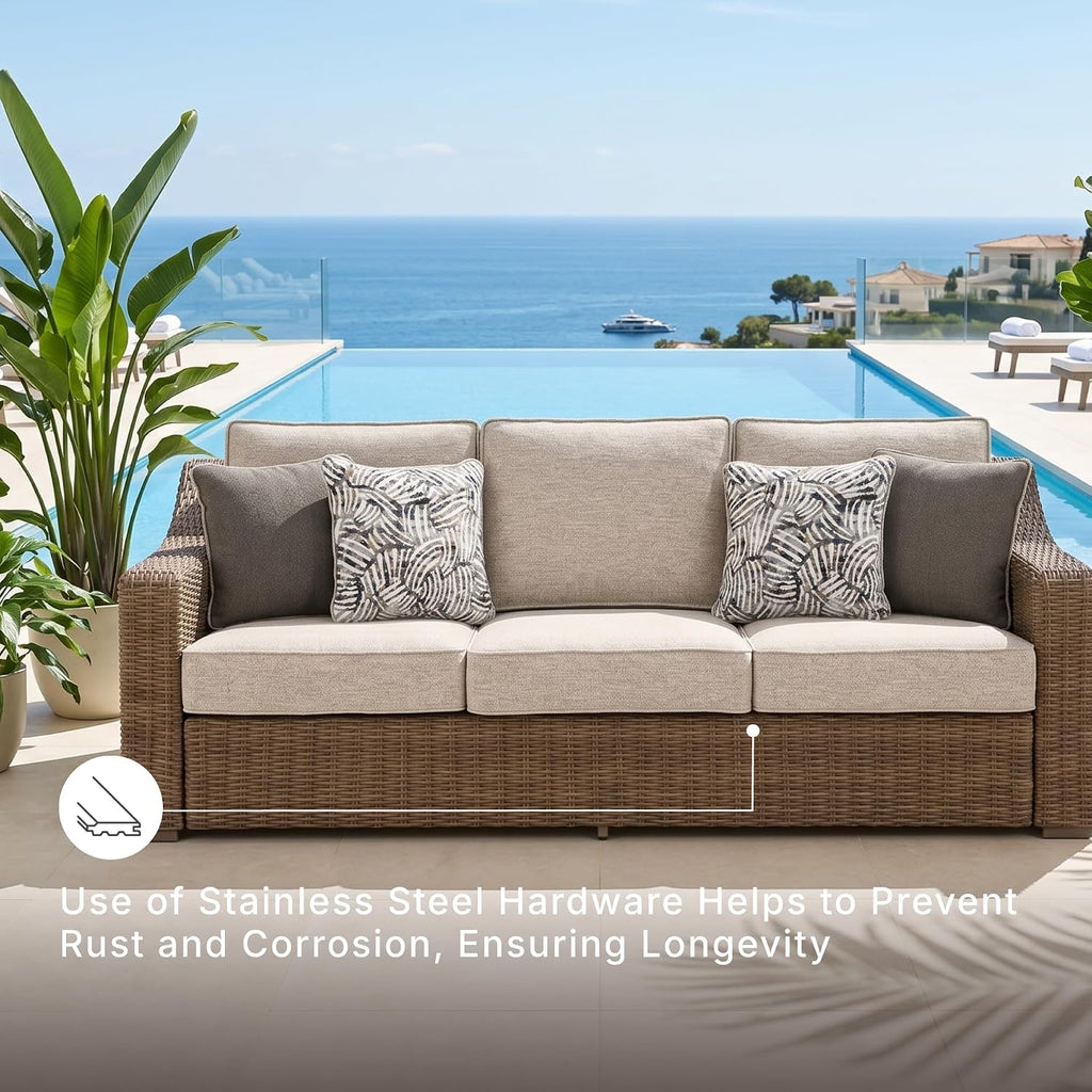 Signature Design by Ashley Carmel Bay Outdoor Sofa, Handwoven Resin Wicker Patio Couch, Rust-Resistant Aluminum Frame, 3-Seater for Backyard or Sunroom, Beige, 84" W