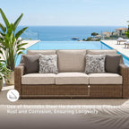 Signature Design by Ashley Carmel Bay Outdoor Sofa, Handwoven Resin Wicker Patio Couch, Rust-Resistant Aluminum Frame, 3-Seater for Backyard or Sunroom, Beige, 84" W