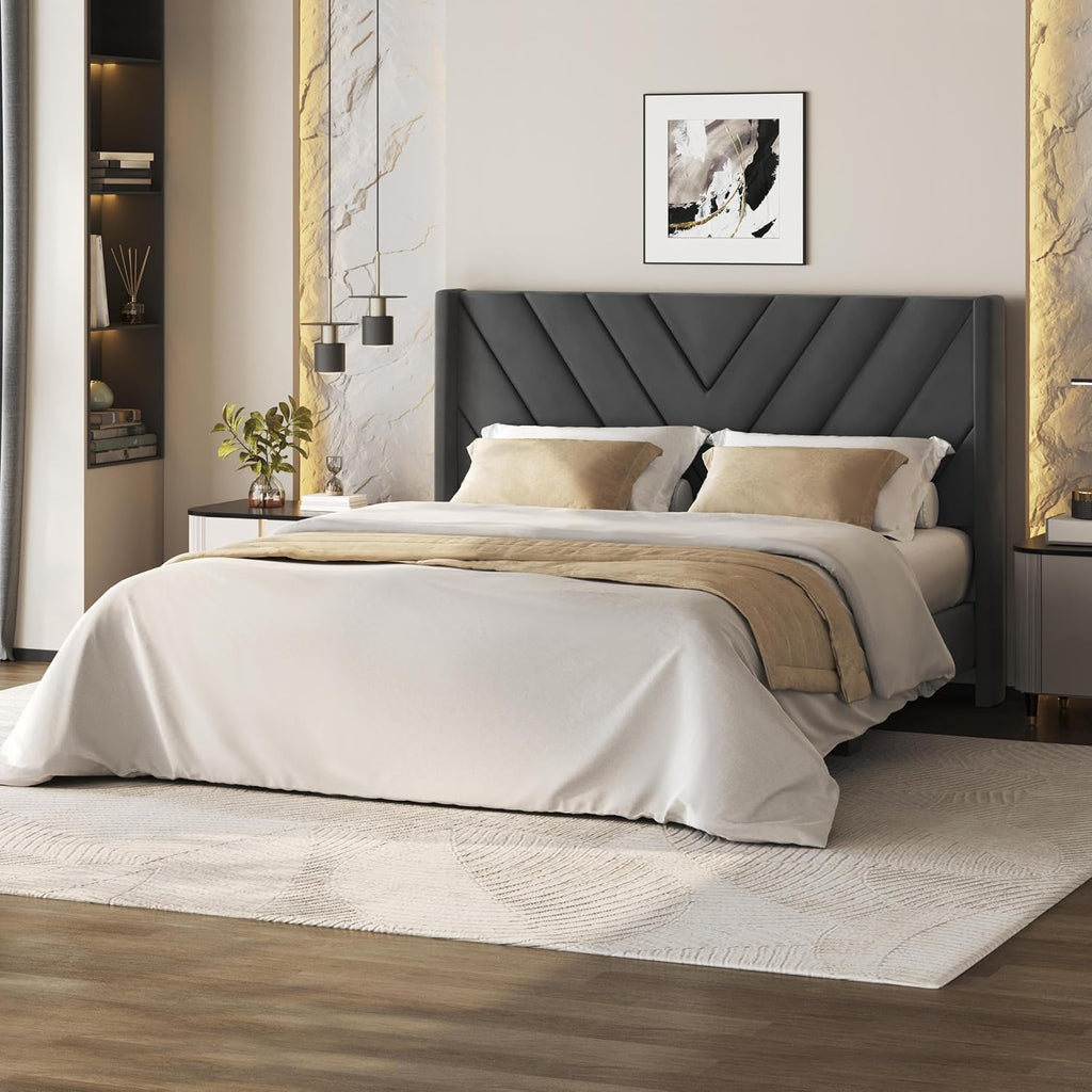 Yaheetech Queen Bed Frame Upholstered Platform Bed/Wooden Slat Support/Tufted Headboard with Wing Side/Mattress Foundation/No Box Spring Needed,Beige Queen