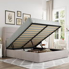Allewie Queen Size Lift Up Storage Bed, Modern Wingback Headboard, Hydraulic Support, No Box Spring Needed, Light Beige