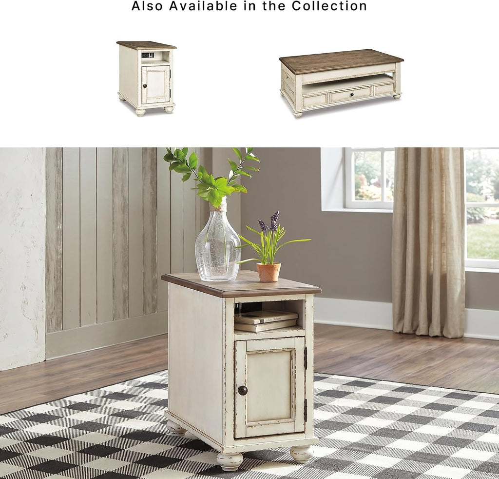 Signature Design by Ashley Realyn Narrow End Table with Charging Station, Chairside End Table, Wood, Engineered Wood and Veneers, Living Room Furniture, Antiqued White and Brown, 14" W