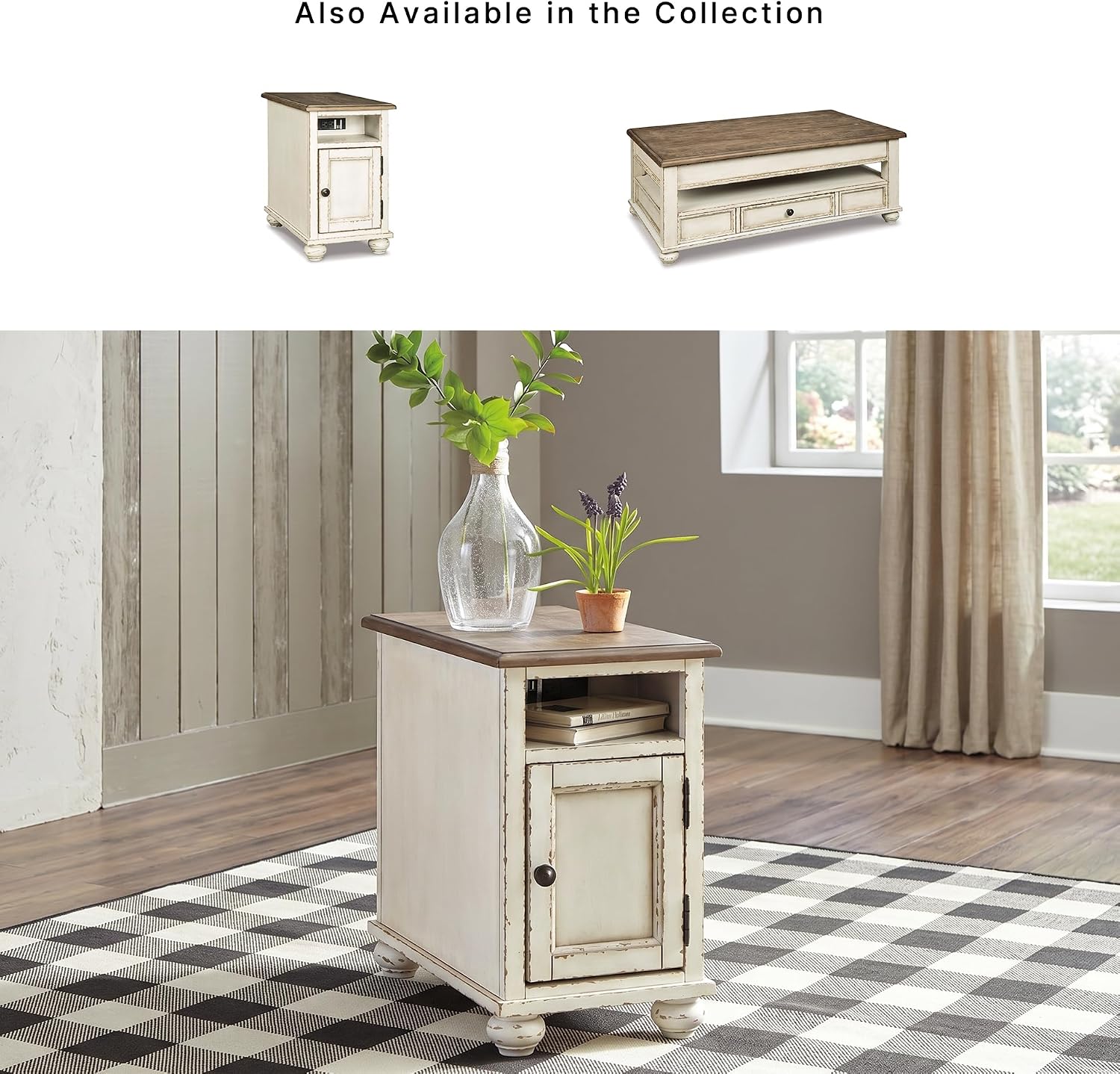 Signature Design by Ashley Realyn Narrow End Table with Charging Station, Chairside End Table, Wood, Engineered Wood and Veneers, Living Room Furniture, Antiqued White and Brown, 14" W