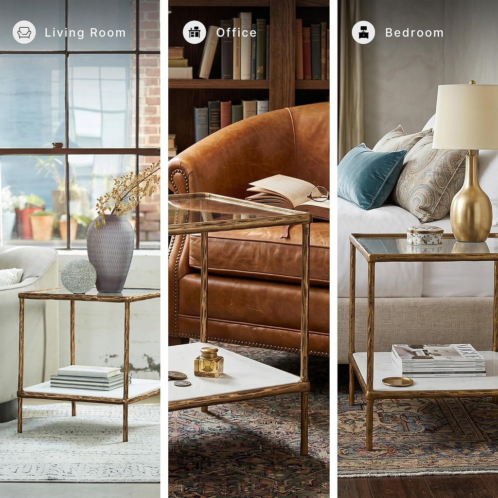 Signature Design by Ashley Ryandale Square Accent Table for Living Room, Sand‑Casted Aluminum Frame With Brass Finish, Glass Top and White Marble Shelf, 21" Size