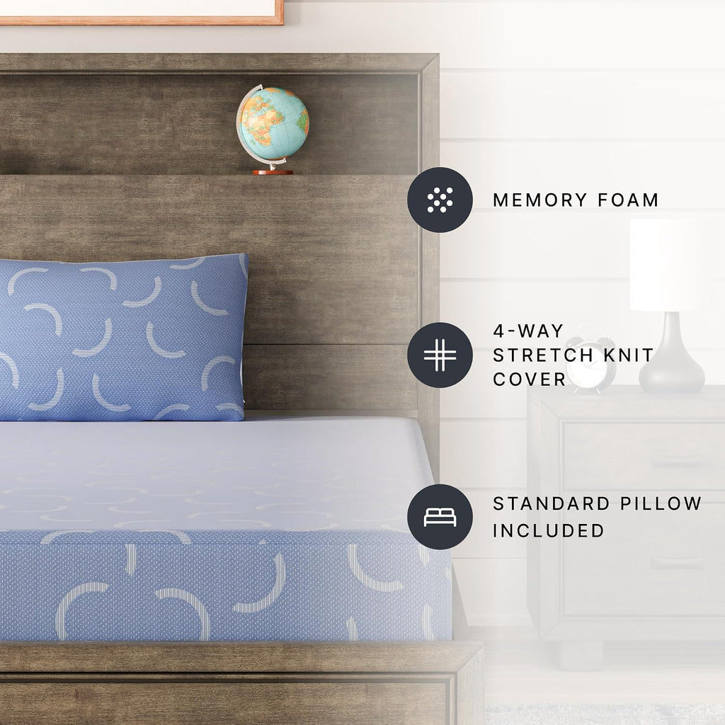 Signature Design by Ashley Full Size iKidz 7 Inch Firm Gel Memory Foam Mattress with Stretch Knit Cover & Pillow Included, Blue Ocean, Fiberglass-Free, Mattress in A Box