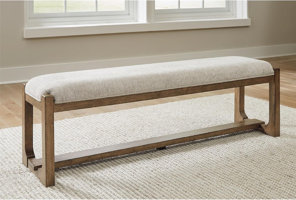 Signature Design by Ashley Cabalynn Dining Bench, Upholstered Farmhouse Style, Hardwood Solids and MDF Substrates Frame, Ideal for End of Bed or Entryway, 63.5" W, Oatmeal and Light Brown