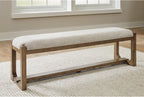 Signature Design by Ashley Cabalynn Dining Bench, Upholstered Farmhouse Style, Hardwood Solids and MDF Substrates Frame, Ideal for End of Bed or Entryway, 63.5" W, Oatmeal and Light Brown