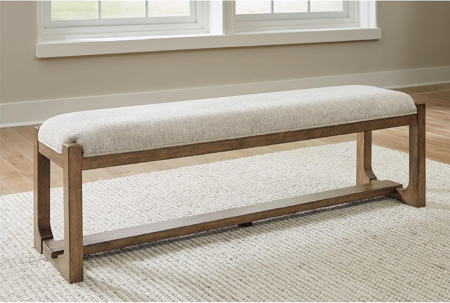 Signature Design by Ashley Cabalynn Dining Bench, Upholstered Farmhouse Style, Hardwood Solids and MDF Substrates Frame, Ideal for End of Bed or Entryway, 63.5" W, Oatmeal and Light Brown