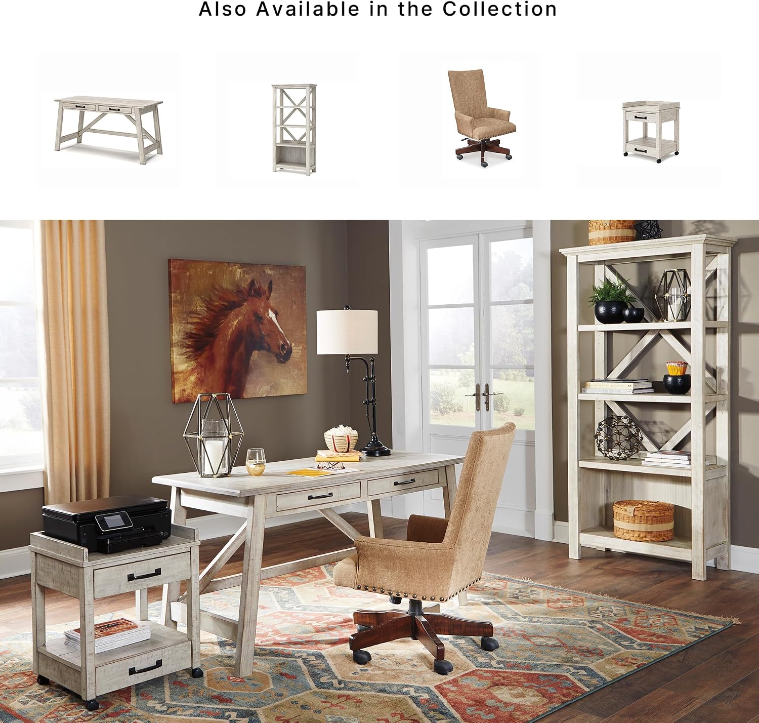 Signature Design by Ashley Carynhurst Farmhouse Large Leg Home Office Desk, 2 Storage Drawers, Vintage Bronze Hardware, Wood, 60.25" Wide, Antique White