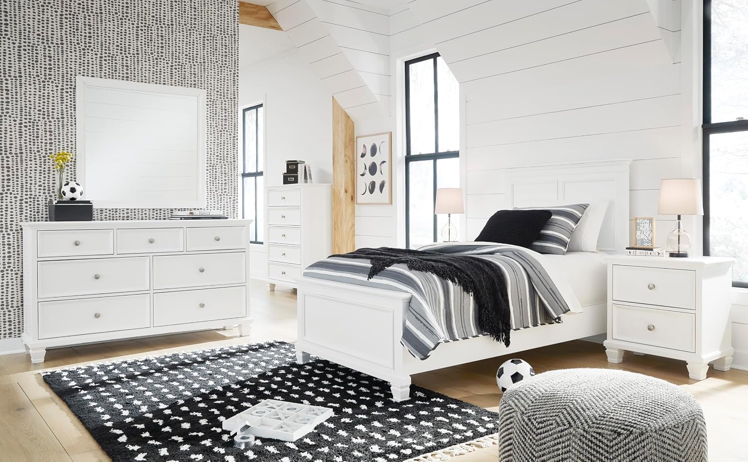Signature Design by Ashley Fortman White Nightstand, 2 Drawer Storage, Hardwood Solids and MDF Construction, Traditional Wood Bedside Table, 25" W