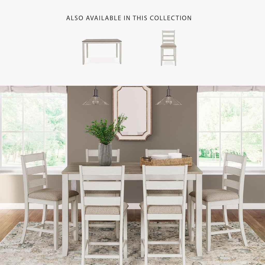 Signature Design by Ashley Skempton 7-Piece Counter Height Dining Table Set for 6, Solid Wood Frames and Acacia Veneer, Cushioned Bar Stools, White and Light Brown