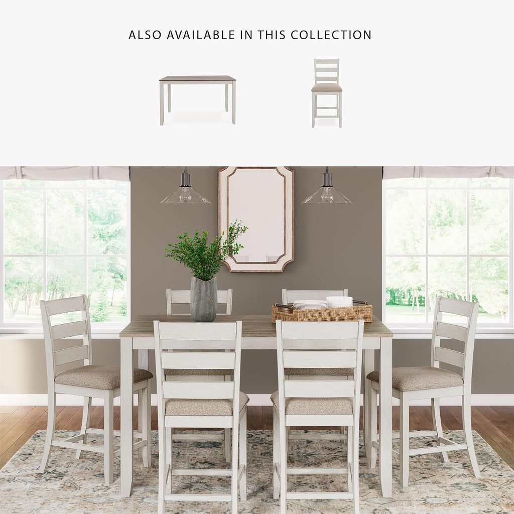 Signature Design by Ashley Skempton 7-Piece Counter Height Dining Table Set for 6, Solid Wood Frames and Acacia Veneer, Cushioned Bar Stools, White and Light Brown