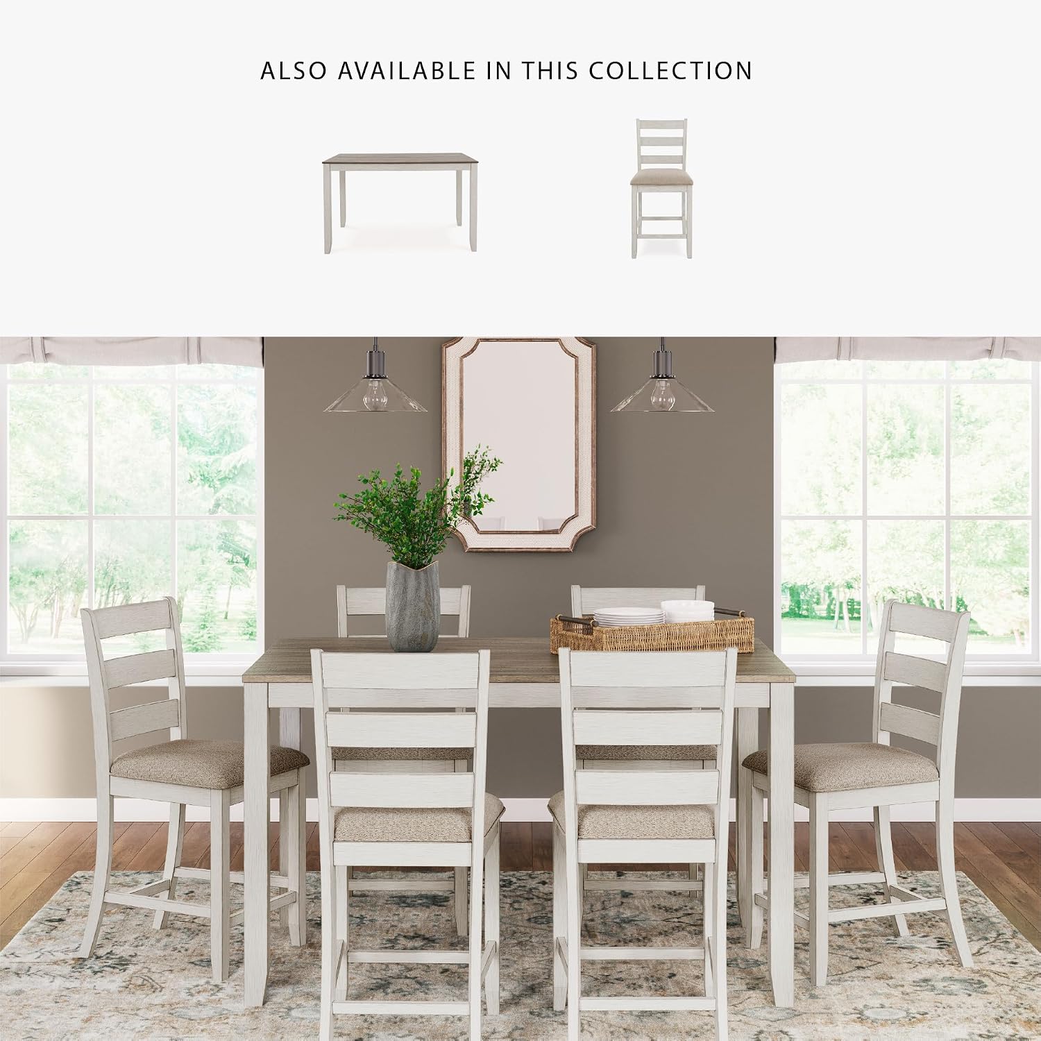 Signature Design by Ashley Skempton 7-Piece Counter Height Dining Table Set for 6, Solid Wood Frames and Acacia Veneer, Cushioned Bar Stools, White and Light Brown