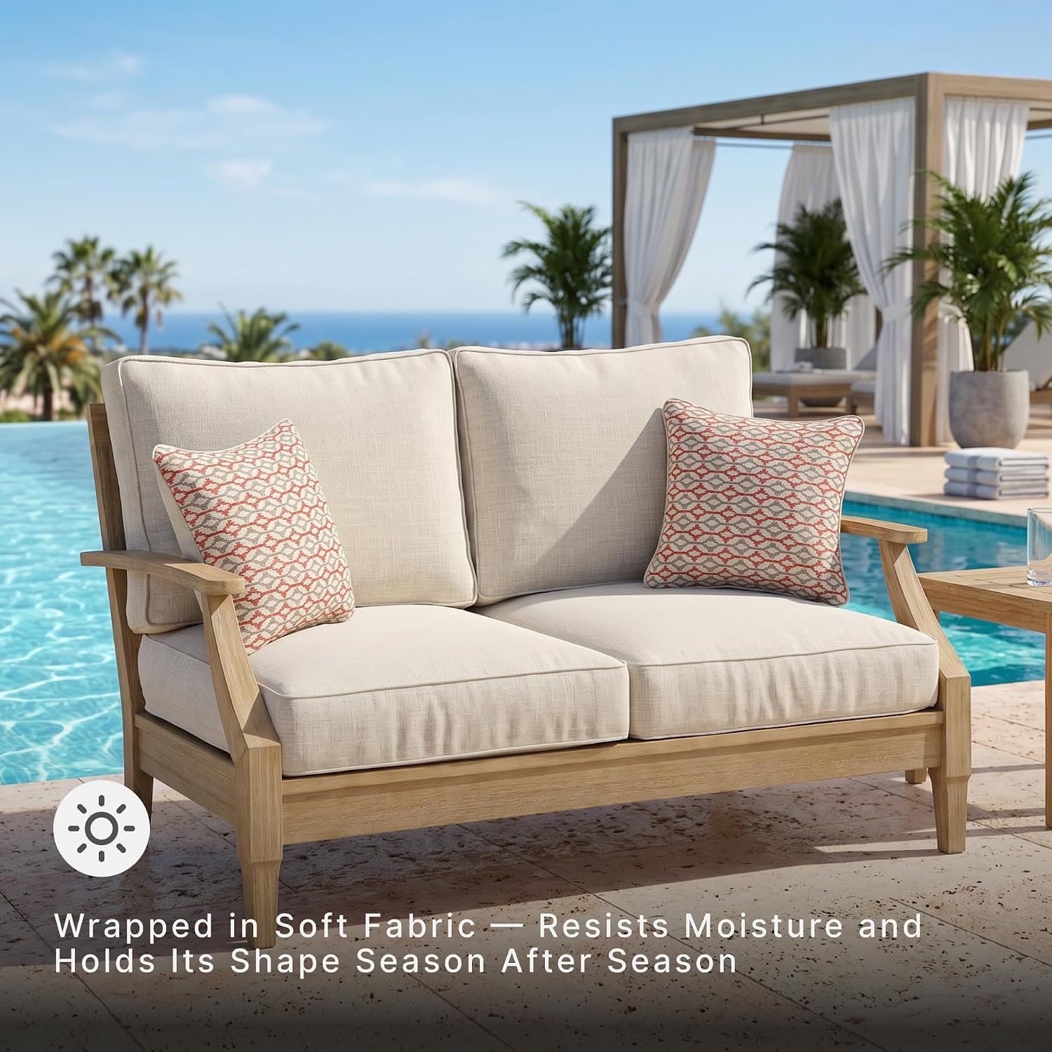 Signature Design by Ashley Clare View Eucalyptus Wood Outdoor Loveseat, Patio Couch with Nuvella Cushions, 56" W x 35" D x 32" H, Beige