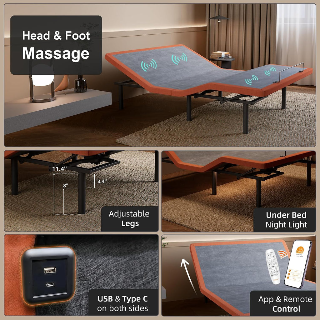 Split King Adjustable Bed Frame with Mattress - 14” Luxury Hybrid Mattress, Smart APP Contorl, Massage, Zero Gravity, Anti-Snore, 5 Minutes Installation, Head and Foot Incline, Medium Soft, Split King