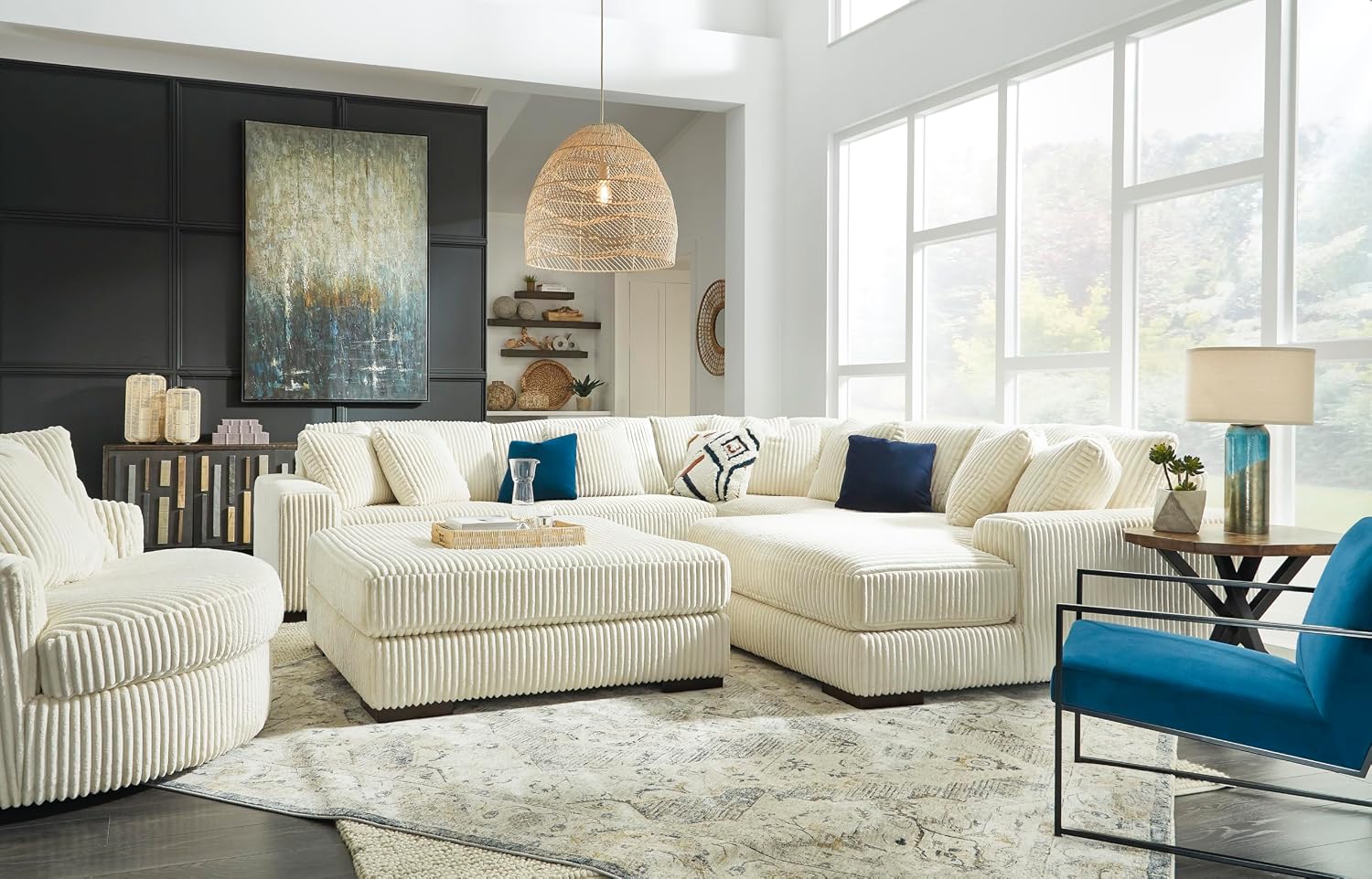 Signature Design by Ashley Lindyn Transitional Oval Tufted Upholstered Oversized Swivel Accent Chair, White