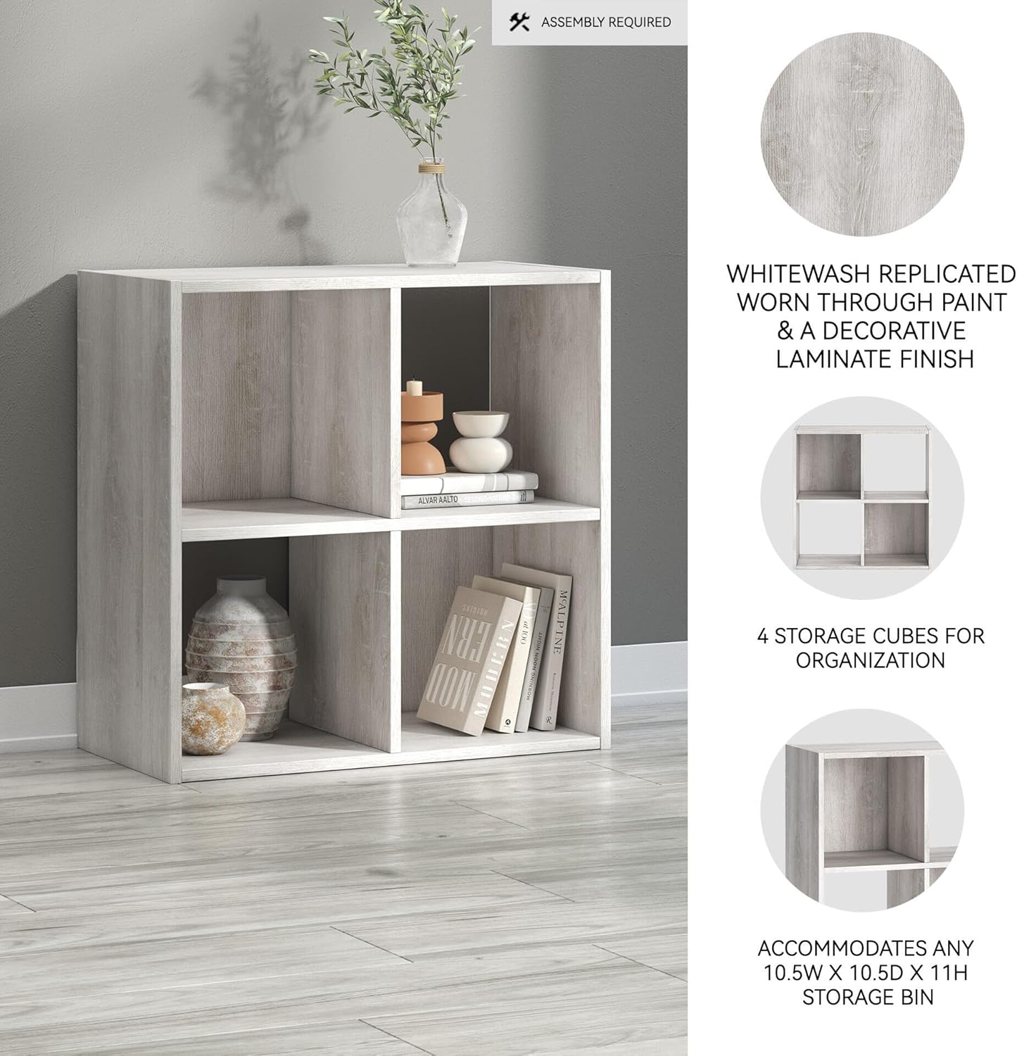 Signature Design by Ashley 4 Cube Storage Organizer, Paxberry Coastal Chic Bookshelf, Engineered Wood Shelving for Bedroom or Living Room, Whitewash, 24" W x 12" D x 24" H