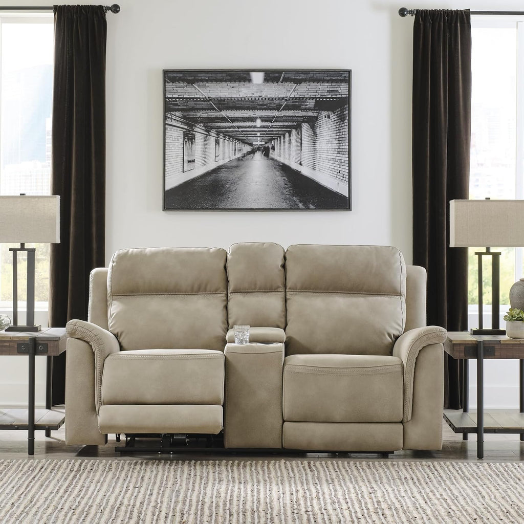 Signature Design by Ashley Power Reclining Loveseat with Console, Next-Gen Durapella, Zero Gravity Mechanism, Easy to Clean Water Resistant Performance Fabric, Sand
