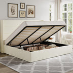 Allewie Queen Size Lift Up Storage Bed, Modern Wingback Headboard, Hydraulic Support, No Box Spring Needed, Light Beige
