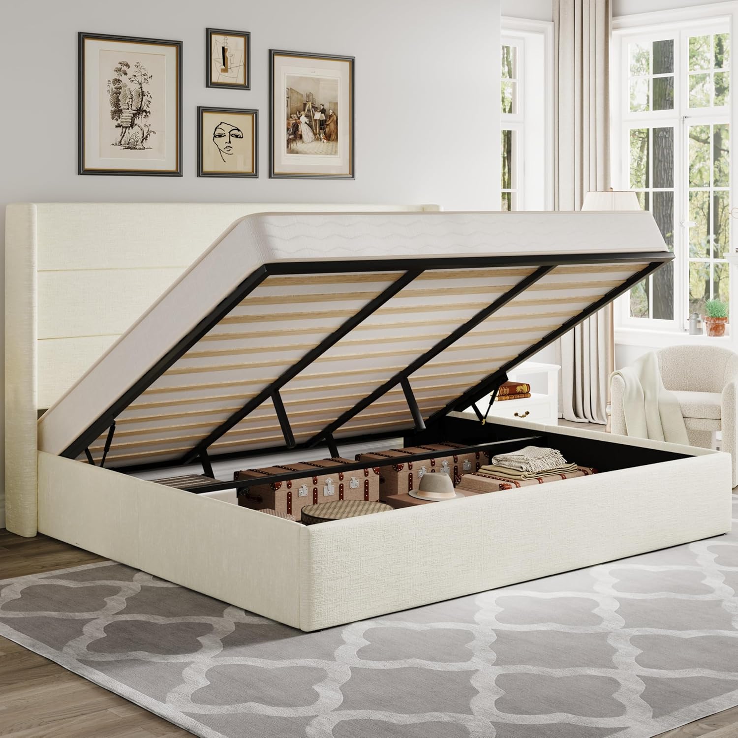 Allewie Queen Size Lift Up Storage Bed, Modern Wingback Headboard, Hydraulic Support, No Box Spring Needed, Light Beige