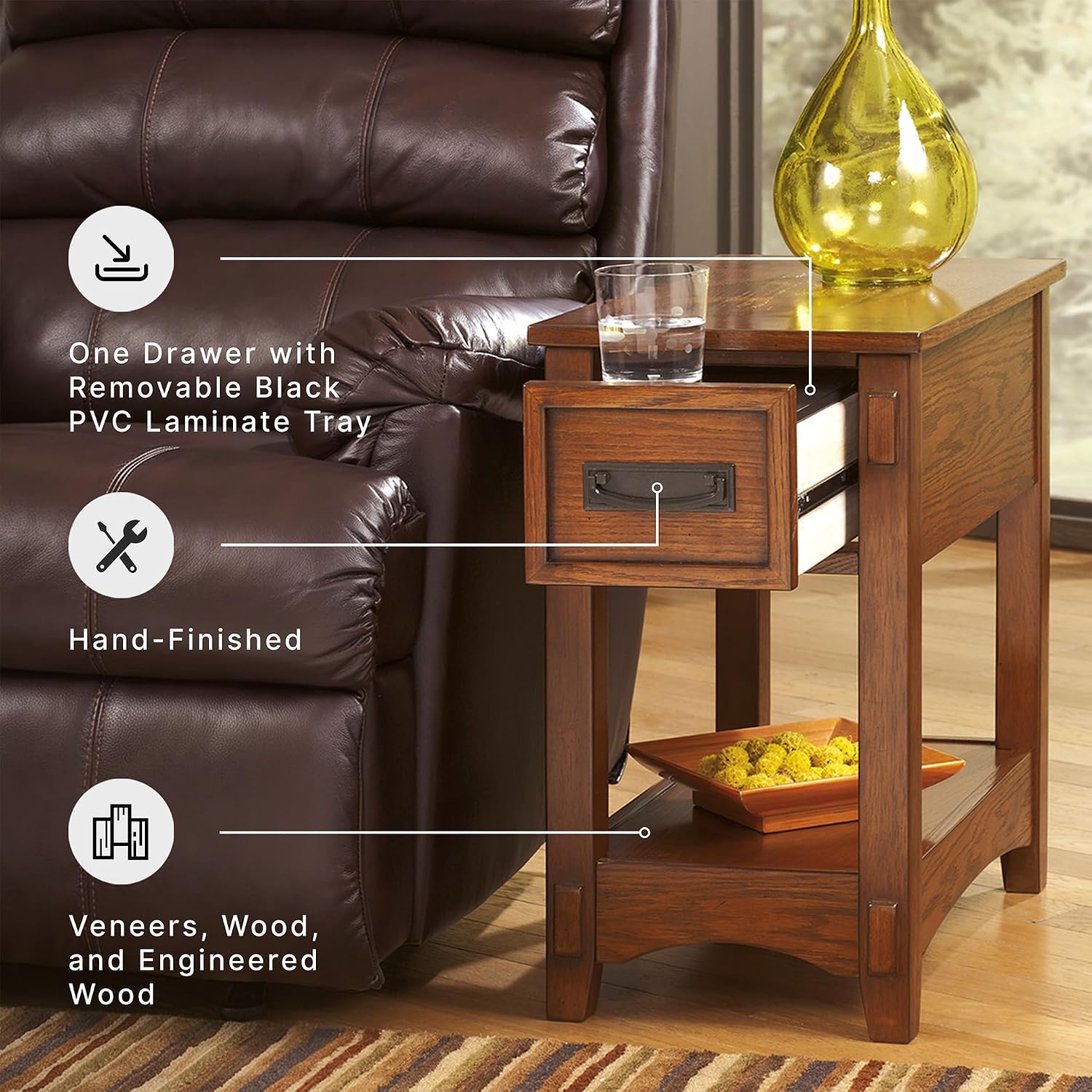 Signature Design by Ashley Breegin End Table With Drawer and Shelf, Mission-Style, Veneers and Wood Construction for Living Rooms and Bedrooms, 13' x 22'