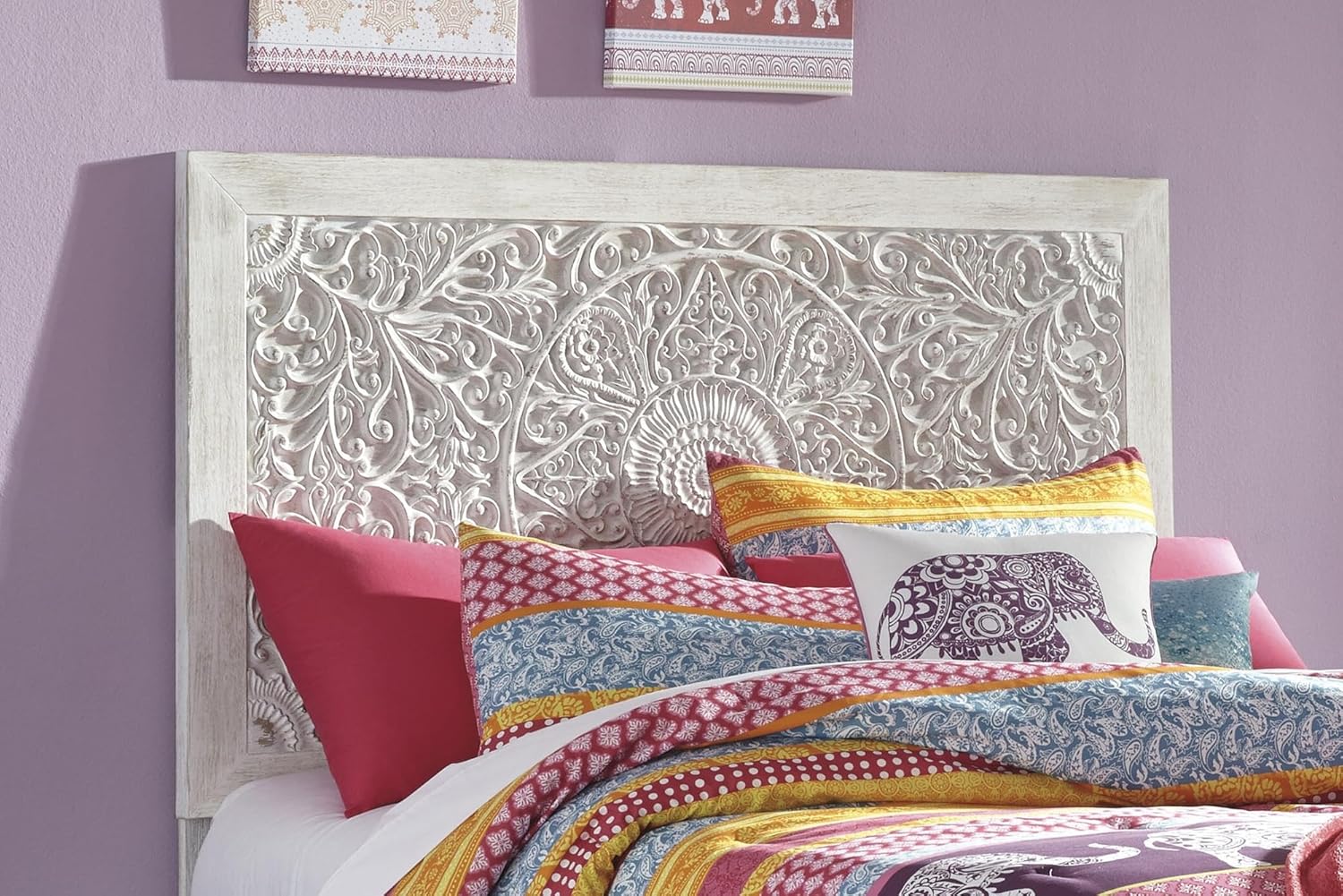 Signature Design by Ashley Paxberry Twin Headboard, Whitewash Carved Medallion Panel, Engineered Wood, Adjustable Height for Girls Youth Bedroom