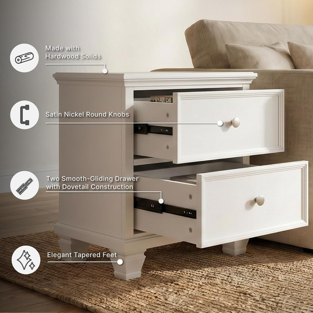 Signature Design by Ashley Fortman White Nightstand, 2 Drawer Storage, Hardwood Solids and MDF Construction, Traditional Wood Bedside Table, 25" W