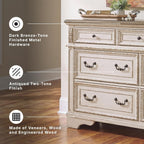 Signature Design by Ashley Realyn French Country 7 Drawer Dresser, Two-Tone Chipped White and Distressed Wood Finish, Smooth-Gliding Bedroom Storage, Ideal for Master Suites, 64" W