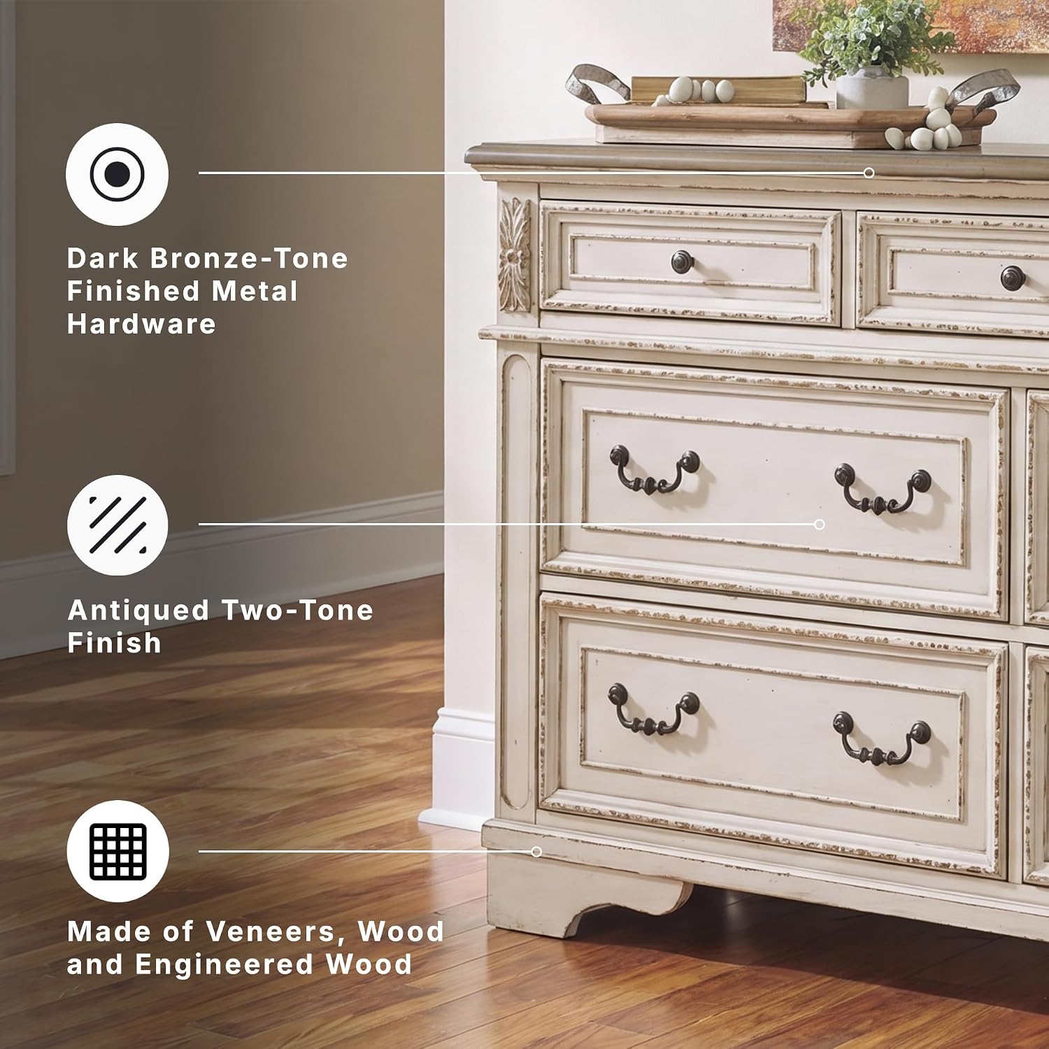 Signature Design by Ashley Realyn French Country 7 Drawer Dresser, Two-Tone Chipped White and Distressed Wood Finish, Smooth-Gliding Bedroom Storage, Ideal for Master Suites, 64" W