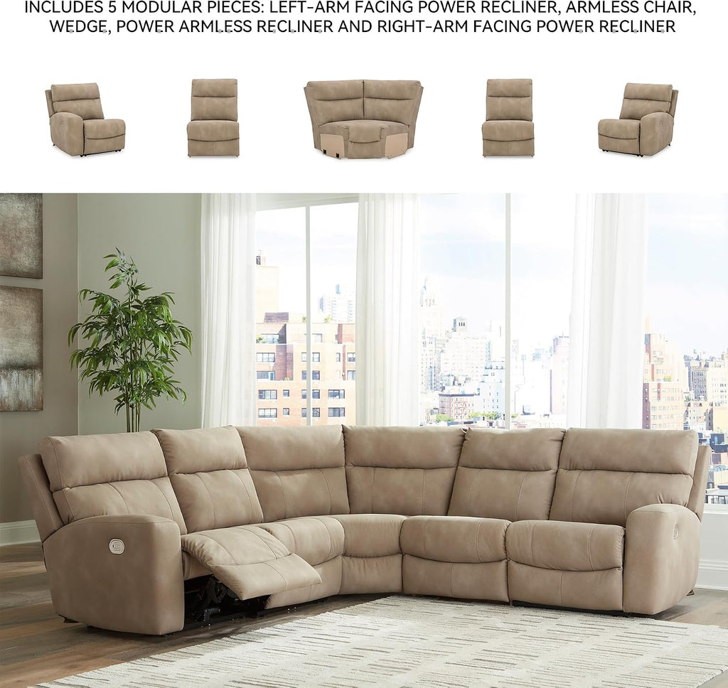 Signature Design by Ashley Next-Gen DuraPella 5-Piece Power Reclining Sectional, Modular L-Shaped Sofa with Zero Gravity Recline and Adjustable Headrest, Water Resistant Faux Leather Couch, Sand