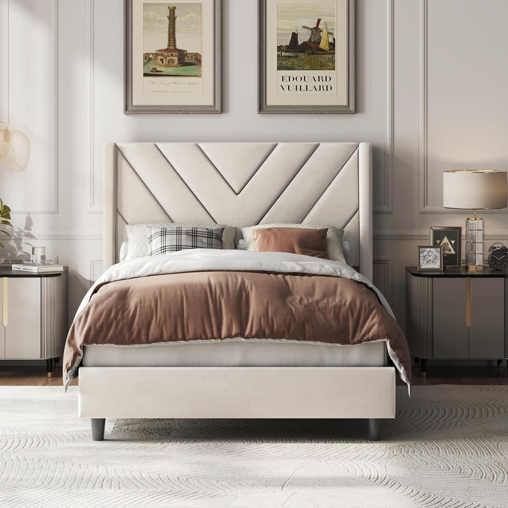 Yaheetech Queen Bed Frame Upholstered Platform Bed/Wooden Slat Support/Tufted Headboard with Wing Side/Mattress Foundation/No Box Spring Needed,Beige Queen