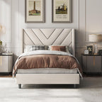 Yaheetech Queen Bed Frame Upholstered Platform Bed/Wooden Slat Support/Tufted Headboard with Wing Side/Mattress Foundation/No Box Spring Needed,Beige Queen
