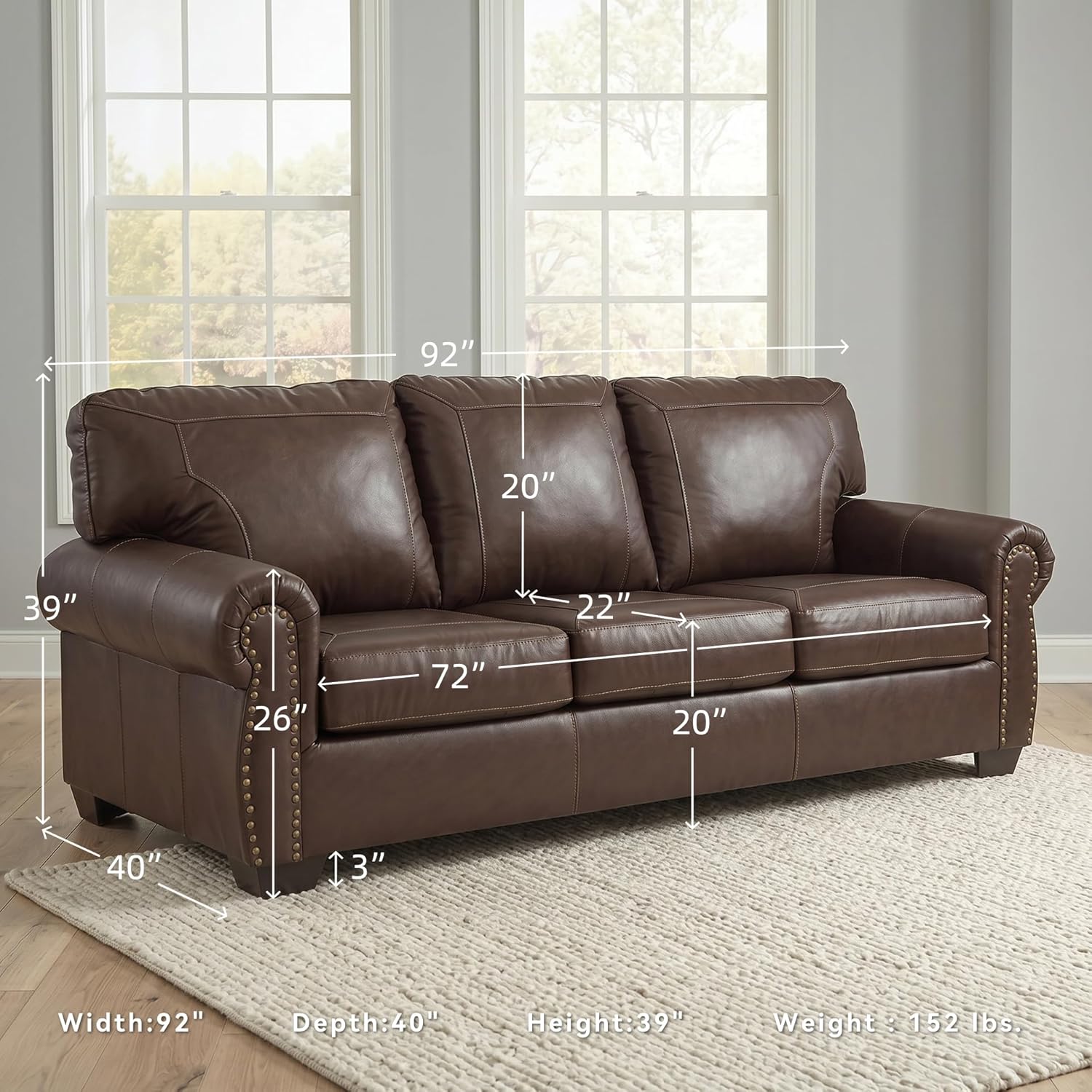 Signature Design by Ashley Colleton 92-Inch Classic Sofa, Dark Brown Leather Match, No Assembly Required, Durable Reinforced Frame, Couch for Living Room
