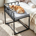 Bedside Dog Bed, Height Adjustable Elevated Co-Sleeper for Medium Large Dogs, Fits Low to High Beds (28-37in), Heavy-Duty Metal Bunk Bed Frame with Safety Side Rails & Washable Cushion